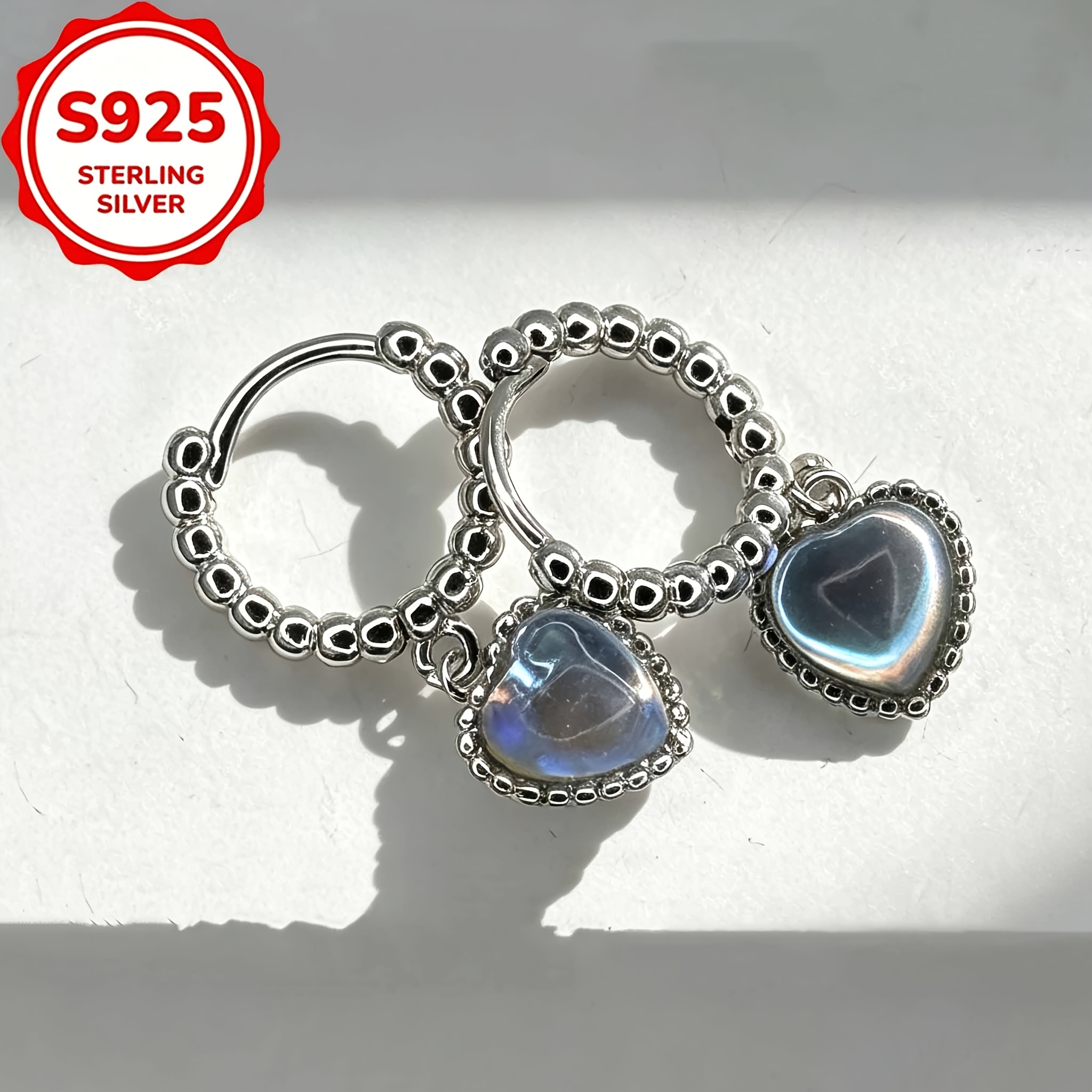 S925 Silver Heart Moonstone Drop Earrings, Openable